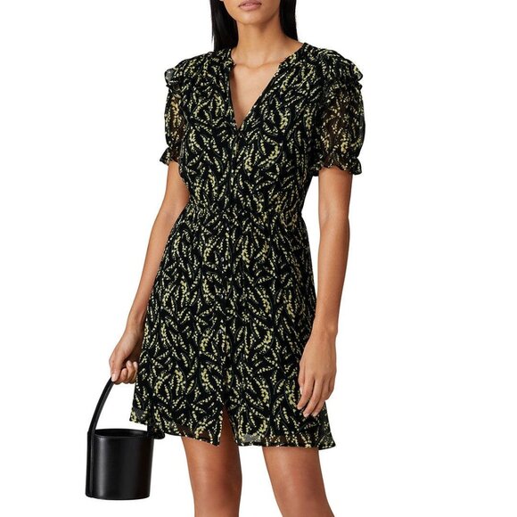 ba&sh Dresses & Skirts - Ba&sh Sz US 6 M NWT Black Yellow Floral Matcha Mini Dress Puff Sleeve Chiffon